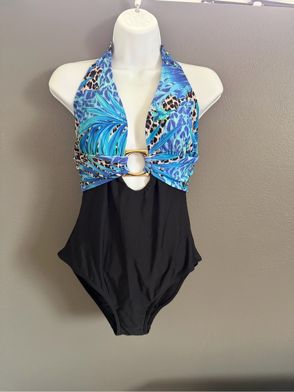 VENUS Black One-Piece Swimsuit with Blue Tropical Halter Top
